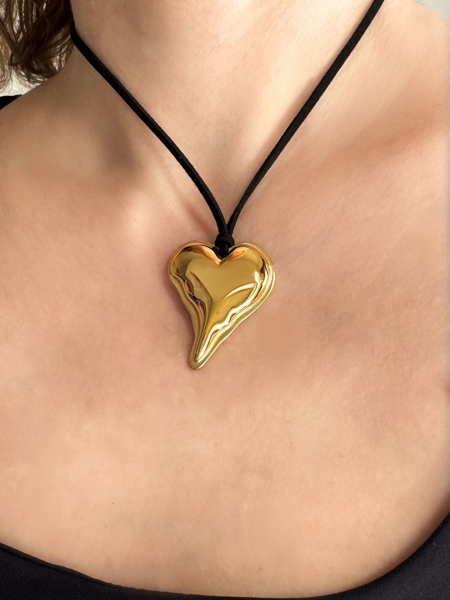 Golden Heart Black Cord Necklace