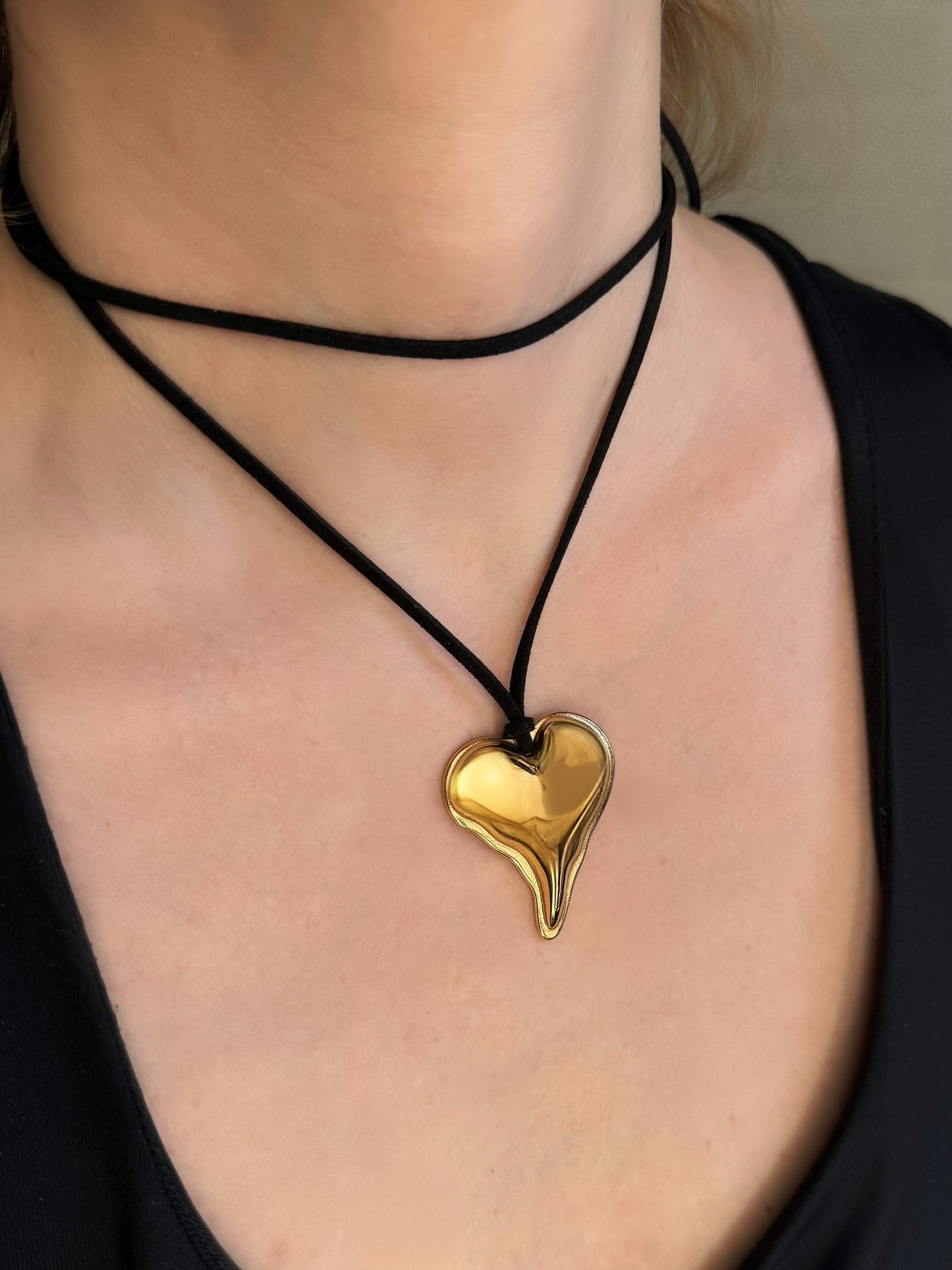 Golden Heart Black Cord Necklace